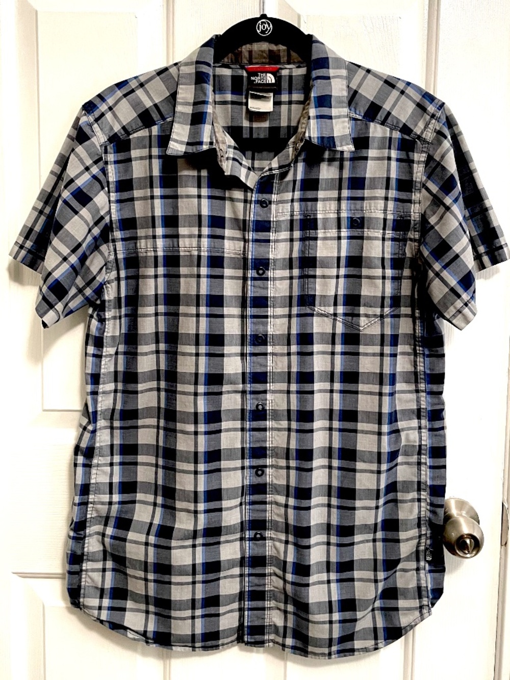 North Face Men's Medium Blue Plaid Short Sleeve Button Up Shirt